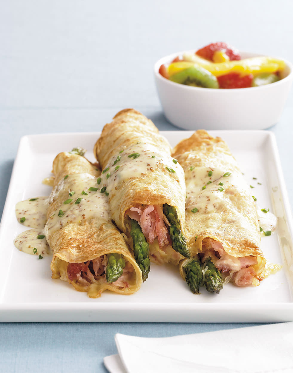 Ham, Asparagus & Swiss Cheese Crepes with Mustard Sauce