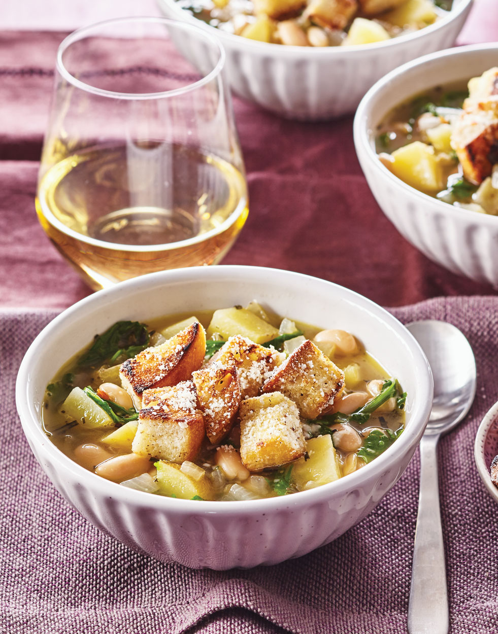 Tuscan Potato, Arugula & Cannellini Bean Soup with Parmesan Croutons