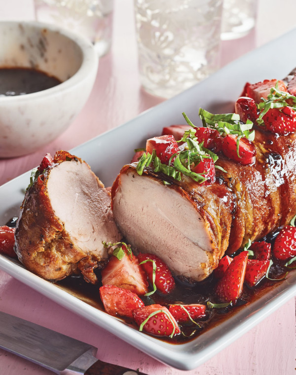 Prosicutto-Wrapped Pork Tenderloin with Balsamic Sauce & Strawberries