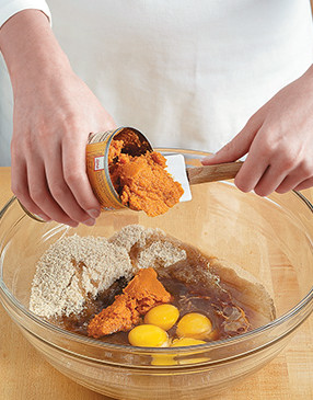 Canned pumpkin actually has more flavor and is less watery than fresh. Add it to the other wet ingredients, then whisk to combine.