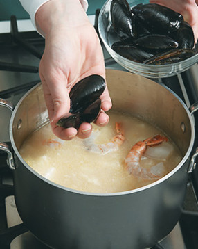 Seafood can go from perfectly done to overcooked and tough quickly, so add it near the end of cooking.