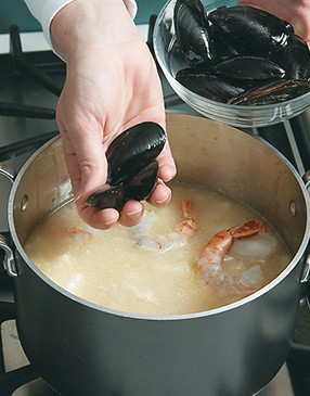 Seafood can go from perfectly done to overcooked and tough quickly, so add it near the end of cooking.