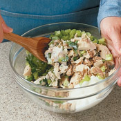Mix chucks of chicken with remaining salad ingredients and chill until ready to serve. Salad can be made one day ahead.