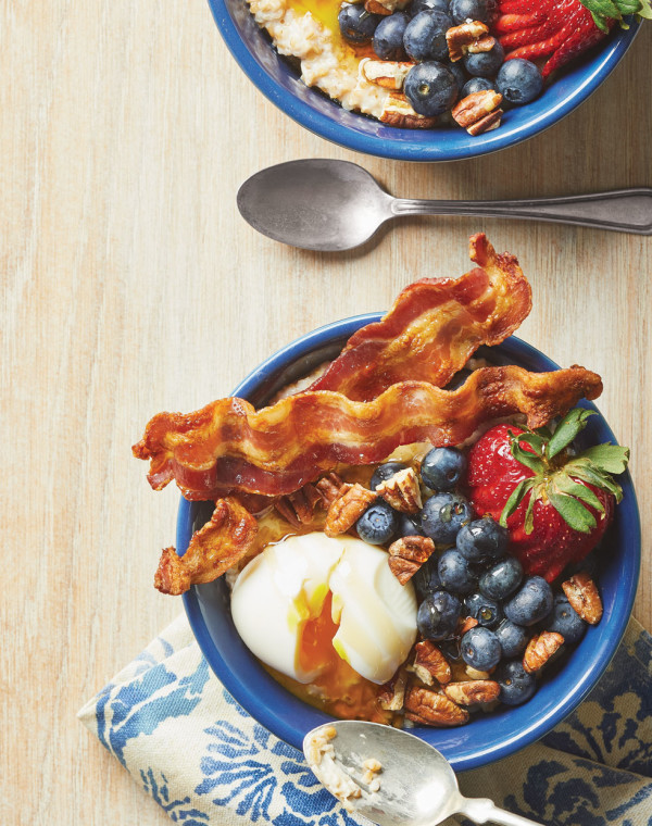 Steel-Cut Oats Breakfast Bowls with Bacon, Berries & Soft-Cooked Eggs