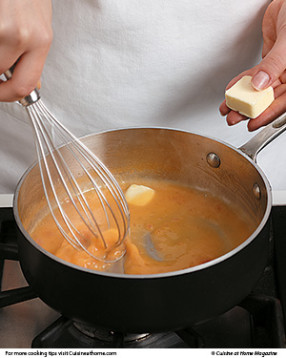 Be sure to let each bit of butter emulsify completely before adding the next to keep the sauce from breaking.