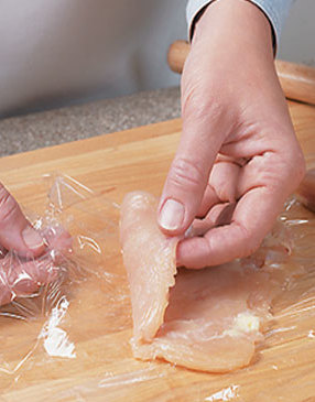 Flatten chicken between pieces of plastic wrap to &frac14;-inch thick using a mallet.