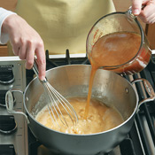 Whisk flour into melted butter to make a roux [ROO], then whisk in turkey stock. Simmer to thicken.