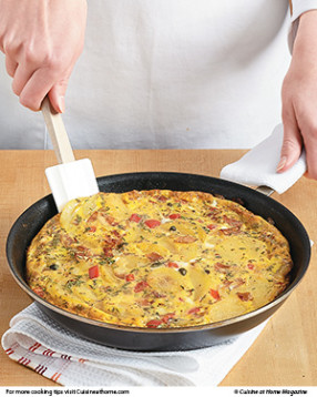 To transfer the tortilla to a serving plate, slide a spatula under the edge to loosen. It should slide right out.