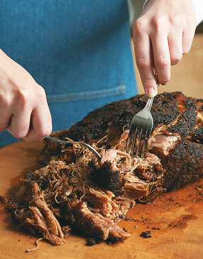 Shred, then toss the pork together to combine the tender inner pieces with the crusty exterior parts. Just be sure to discard any visible pieces of fat and gristle before serving. 
