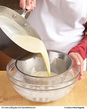 As soon as the eggnog reaches 160 degrees, pour it into a bowl set in ice water to cool it quickly.