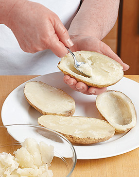 Leave &frac14;-inch thick of flesh around potato skin when scooping out so the potatoes hold together.