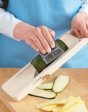 Use a mandoline with the hand guard to make quick work of thinly slicing zucchini, squash, and cucumber.