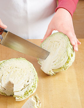 Cut out and discard the tough, bitter core before chopping the head of cabbage.