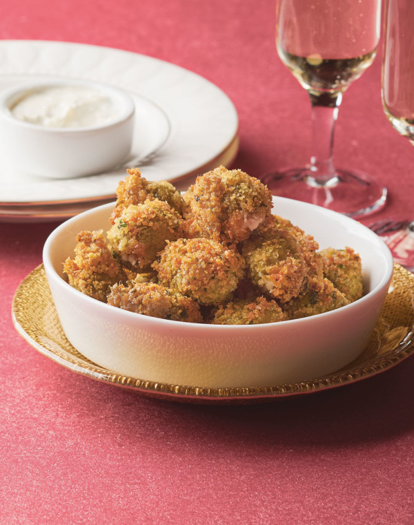 Fried Blue Cheese Stuffed Olives with vermouth-lemon aioli