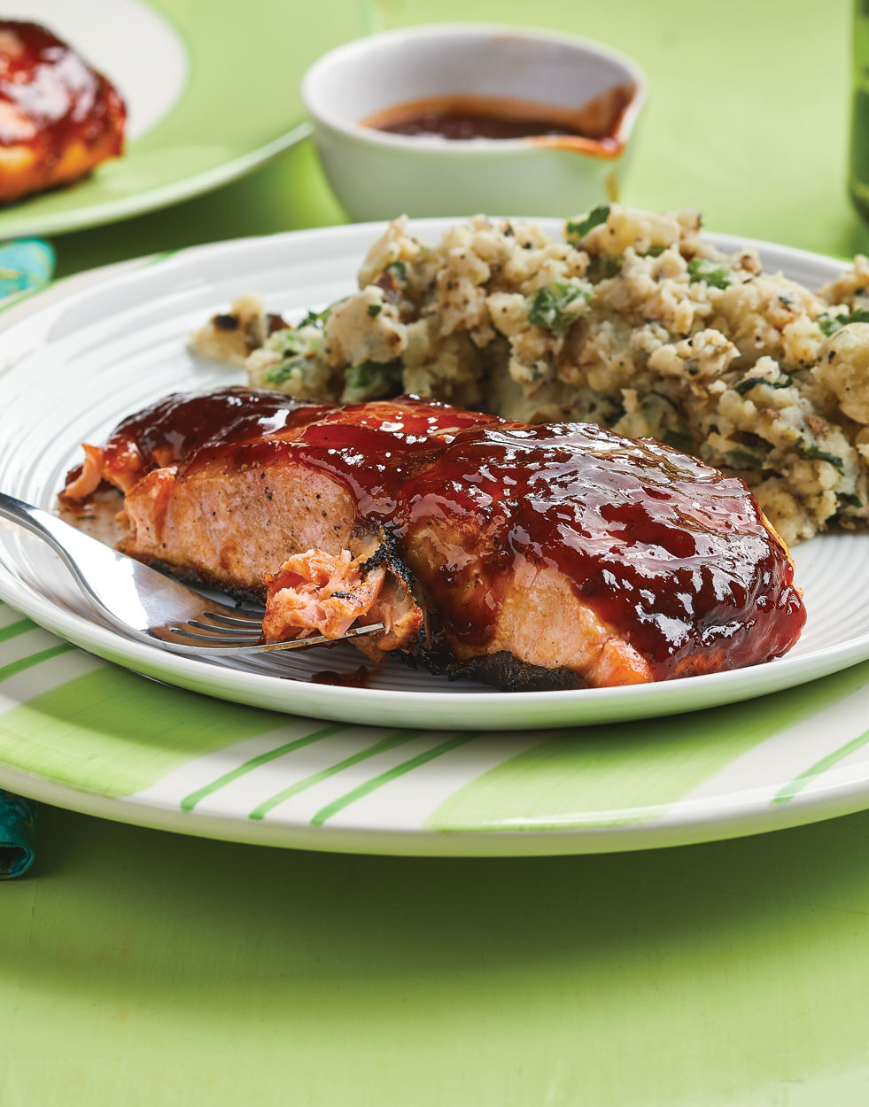 Cherry-Chipotle Grilled Salmon with grilled smashed potatoes