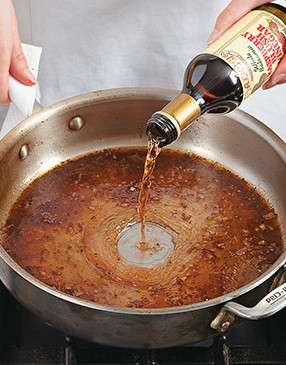 Deglaze the pan with vinegar and reduce it until thick and syrupy. Whisk in jam for more flavor.