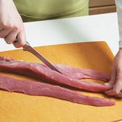 Slice the tenderloin lengthwise into 3 pieces, each about 1-inch wide; halve the pieces crosswise. 