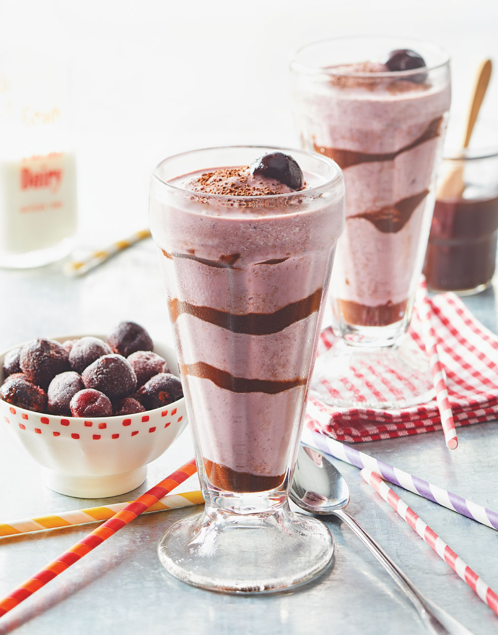 Cherry Milkshakes with Fudge Sauce