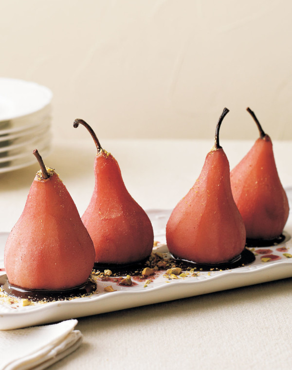 Wine-Poached Pears with chocolate sauce & pistachios