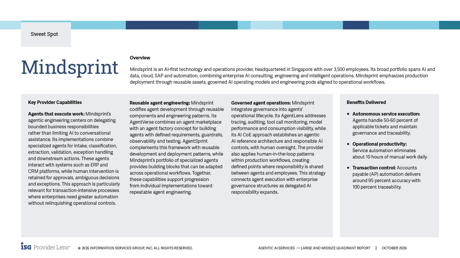 ISG Sweet Spot Report page for Mindsprint: overview, key provider capabilities and benefits delivered.