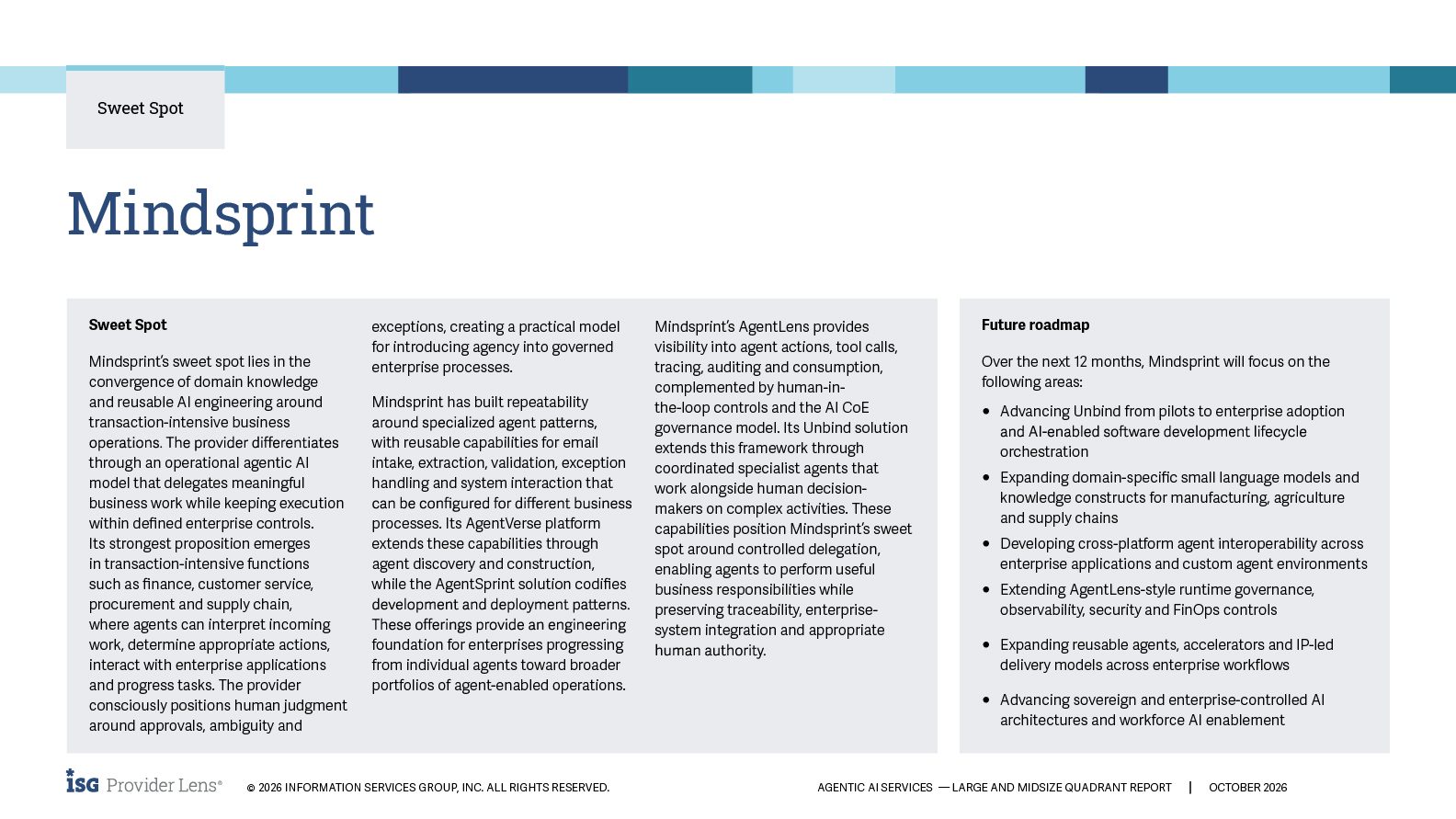 ISG Sweet Spot Report page for Mindsprint: sweet spot and future roadmap.