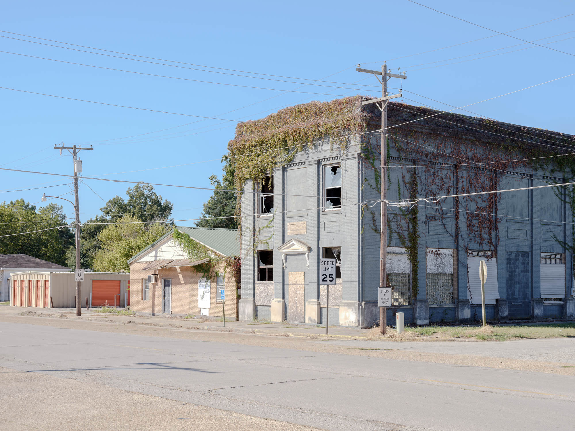 abandoned building with vines growing on it
