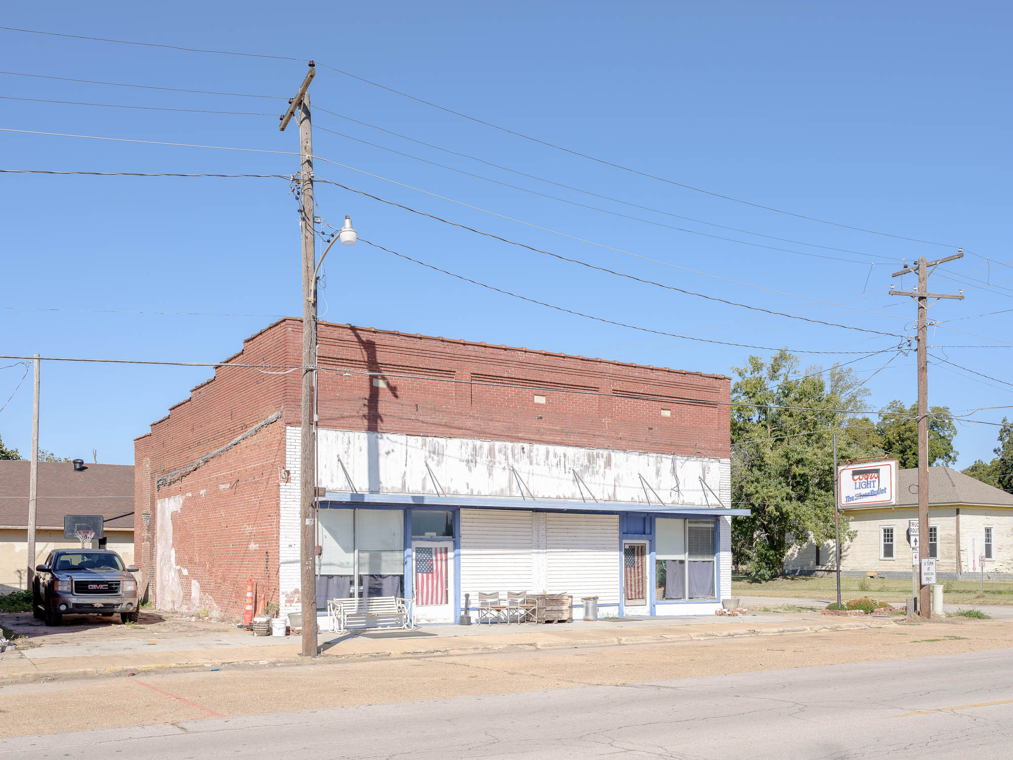 building with american flags on it