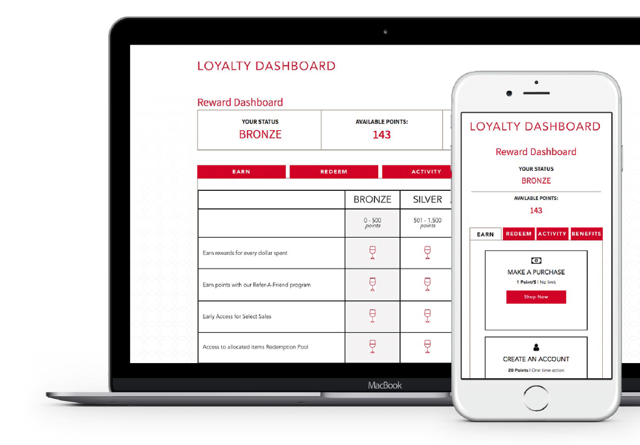 Surdyk's website loyalty section in mobile and desktop view