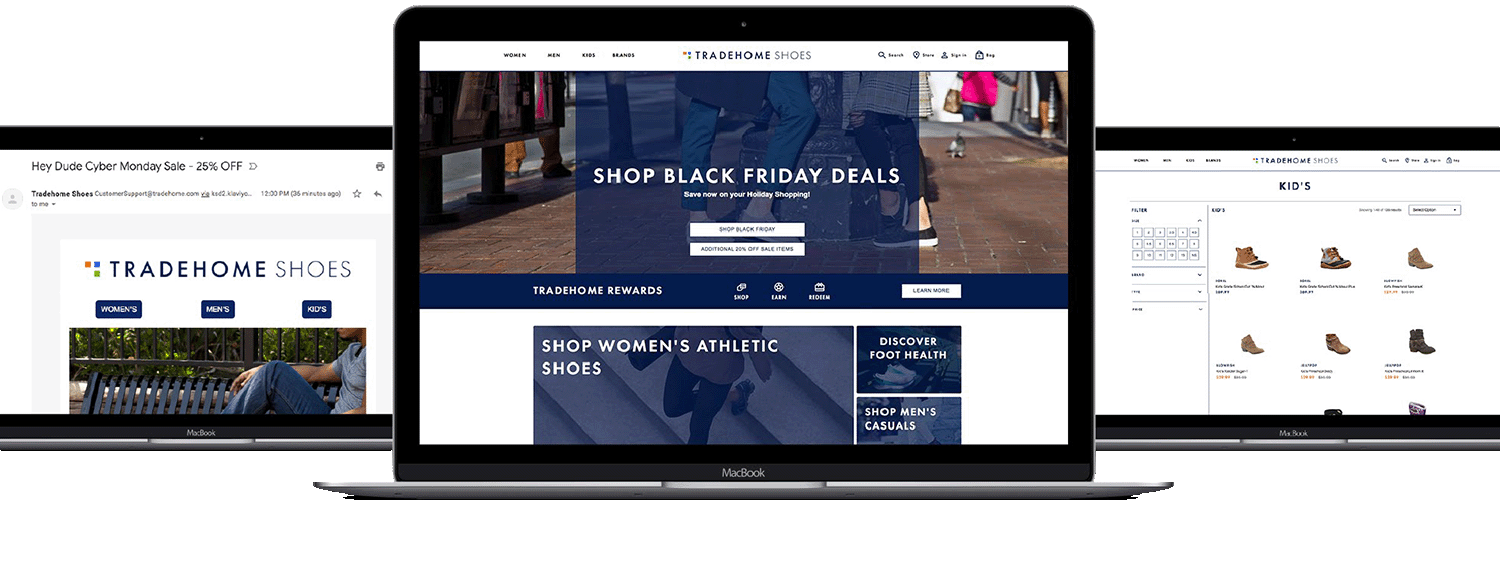Tradehome Shoes's website screenshots showing PLP, homepage, and an email example