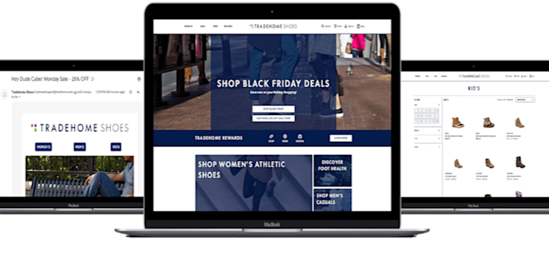 Tradehome Shoes's website screenshots showing PLP, homepage, and an email example
