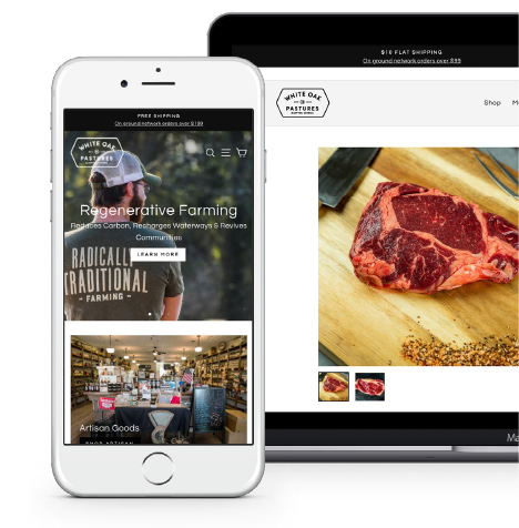 White Oak screenshots of homepage and meat on desktop and mobile