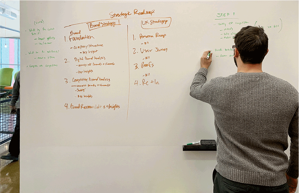 UI Design process, Justin writing on a whiteboard