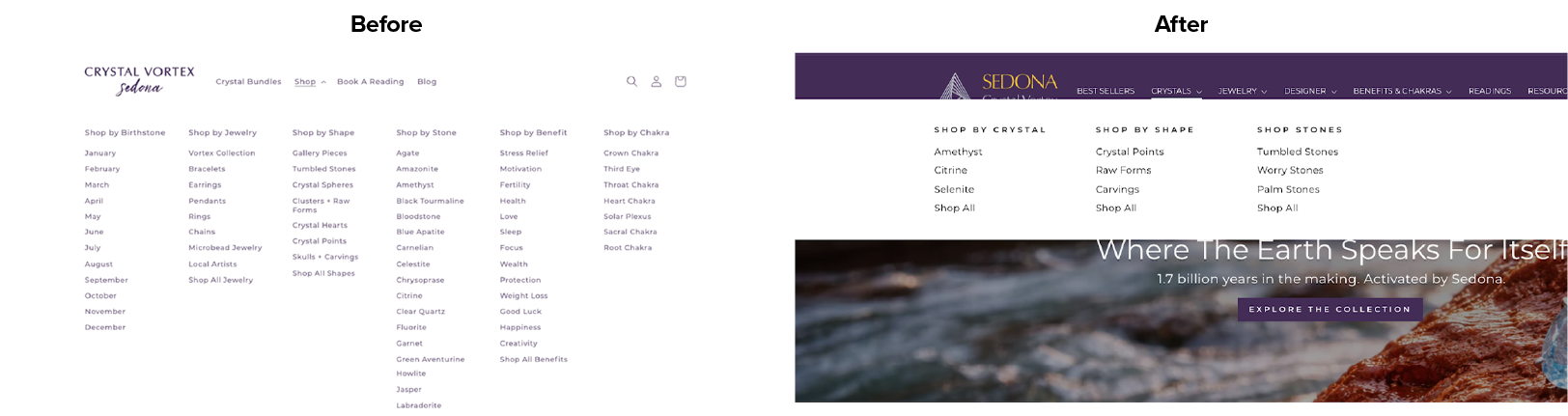 Sedona Crystal Vortex Mega Menu UX changes