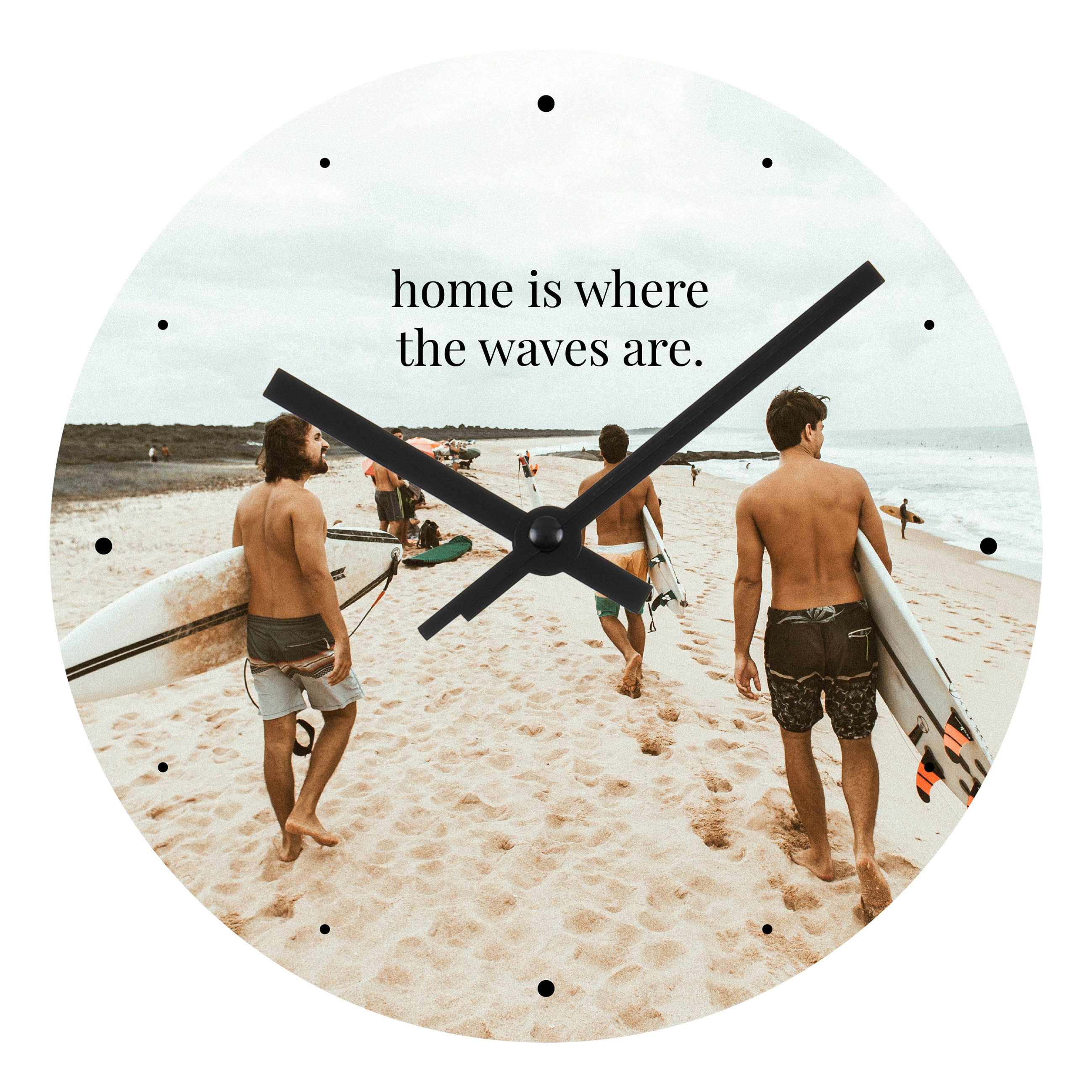 Image et texte avec points noirs - Horloge en bois