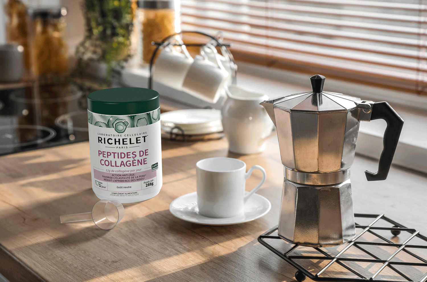 RICHELET Collagen Peptides product next to coffee maker