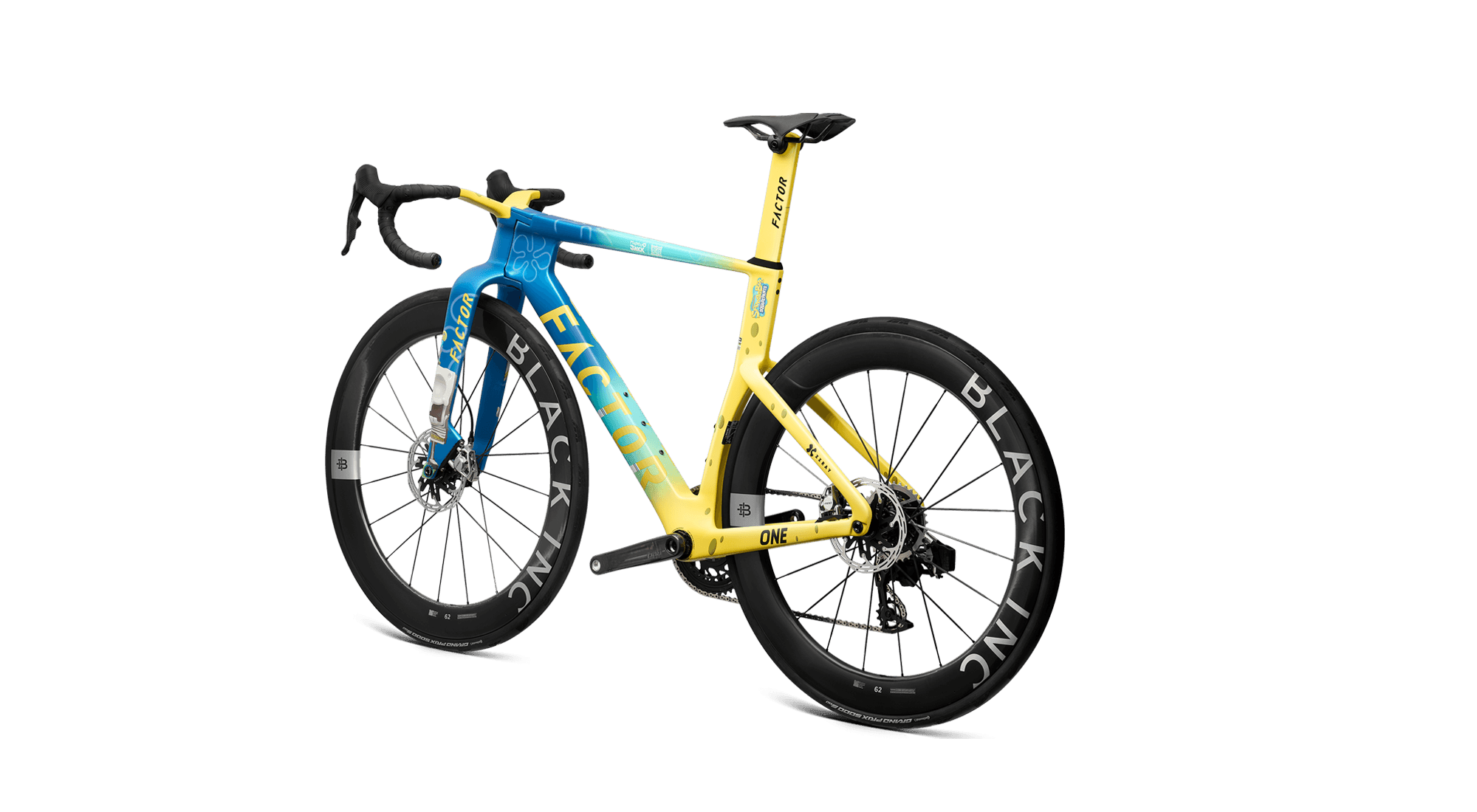 Obliquely angled non-drivetrain side view of the Factor ONE SpongeBob Edition equipped with SRAM Red and Black Inc 62 wheels.