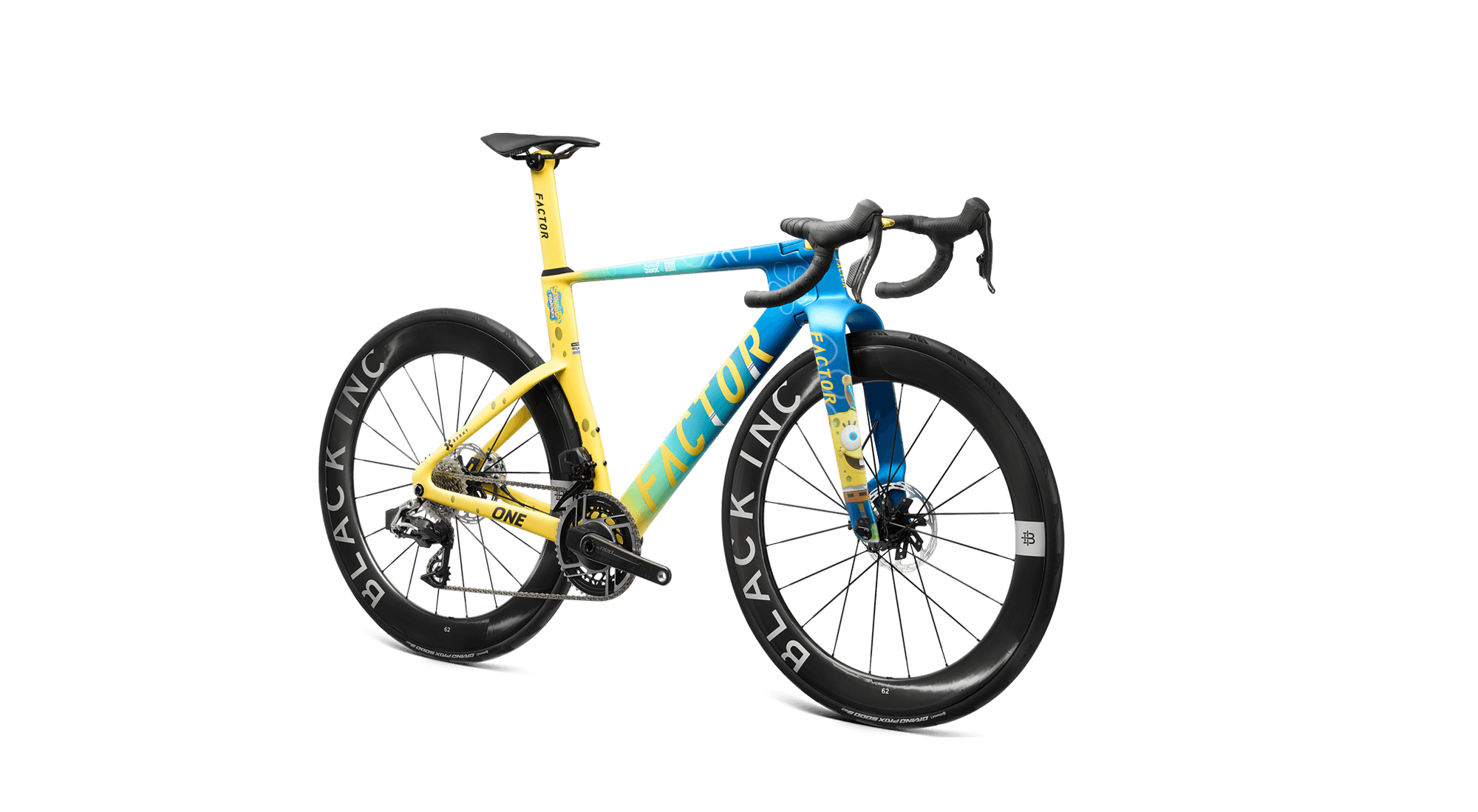 Obliquely angled drivetrain side view of the Factor ONE SpongeBob Edition equipped with SRAM Red and Black Inc 62 wheels.