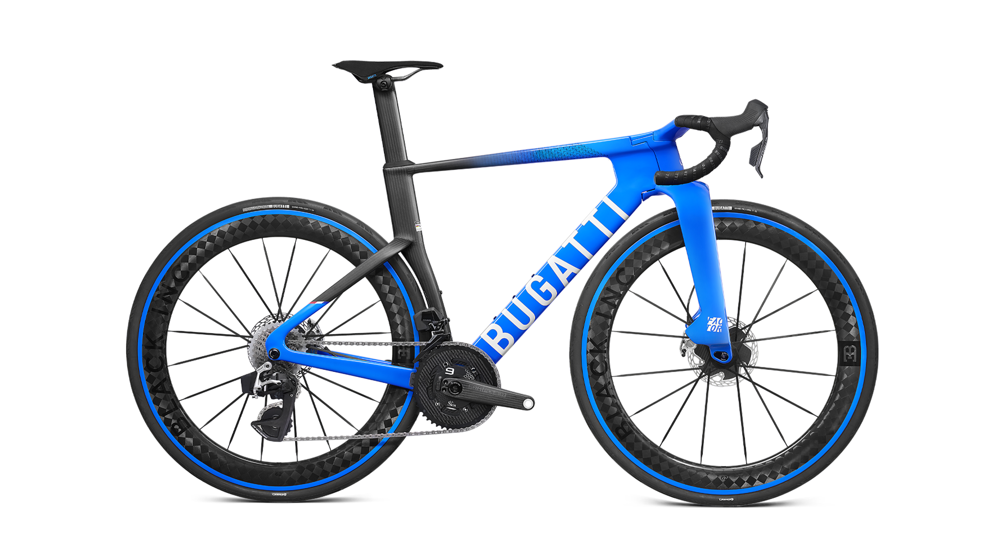 Drivetrain side view of the Bugatti Factor ONE on a white background.