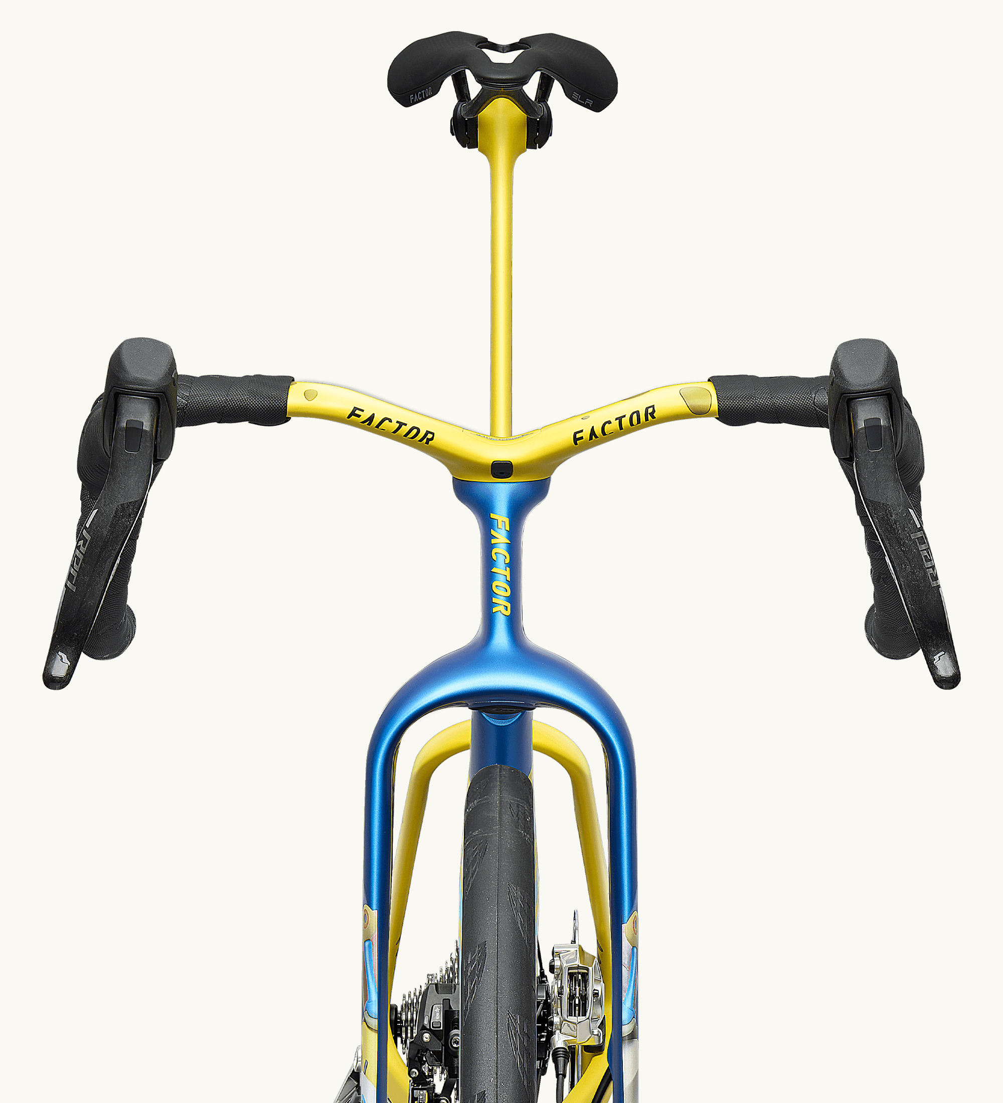 Frontal view of the ONE SpongeBob Edition shows the cockpit, wide-stance fork, thin head tube and seat post profile.