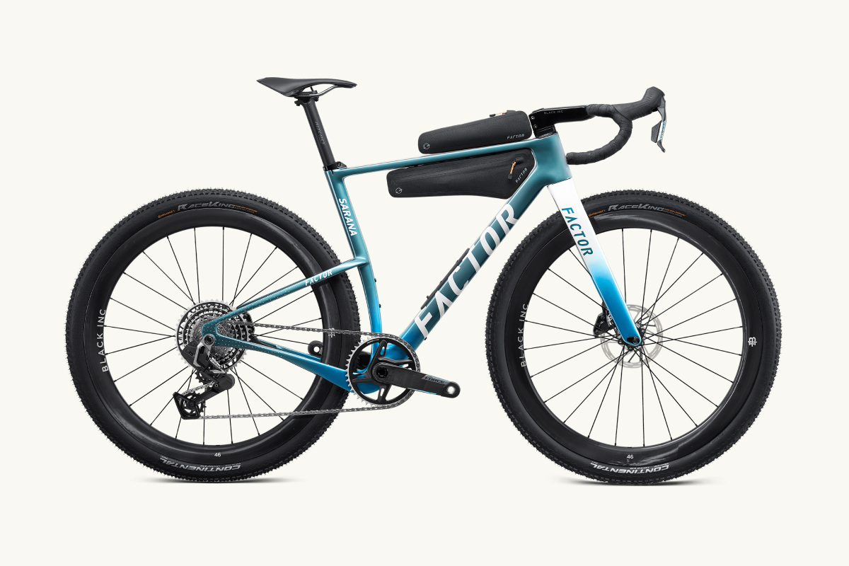 Drivetrain side view of the SARANA bike in Cyan Blue with a rigid fork and frame bags on a white background.