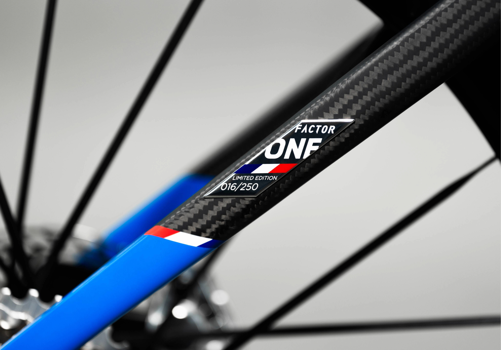 Close-up view of the Factor ONE branded carbon seat stay showing the sharp carbon weave and with French tricolor markings.