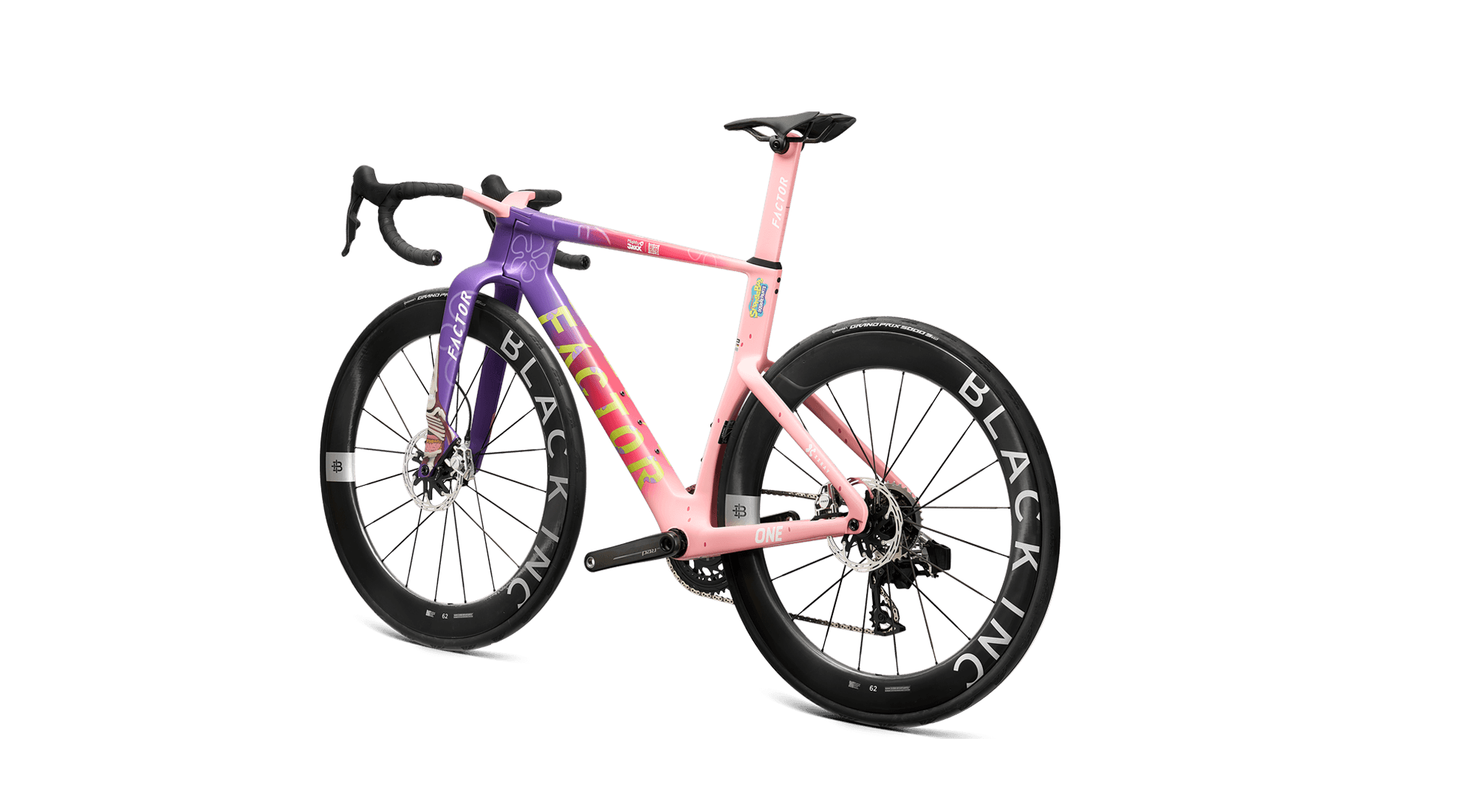 Obliquely angled non-drivetrain side view of Factor ONE Patrick Star Edition equipped with SRAM Red and Black Inc 62 wheels.