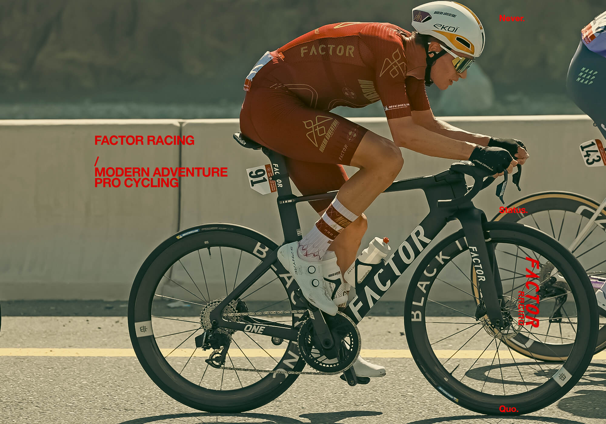 Modern Adventure Pro Cycling rider racing the Factor ONE Road Bike