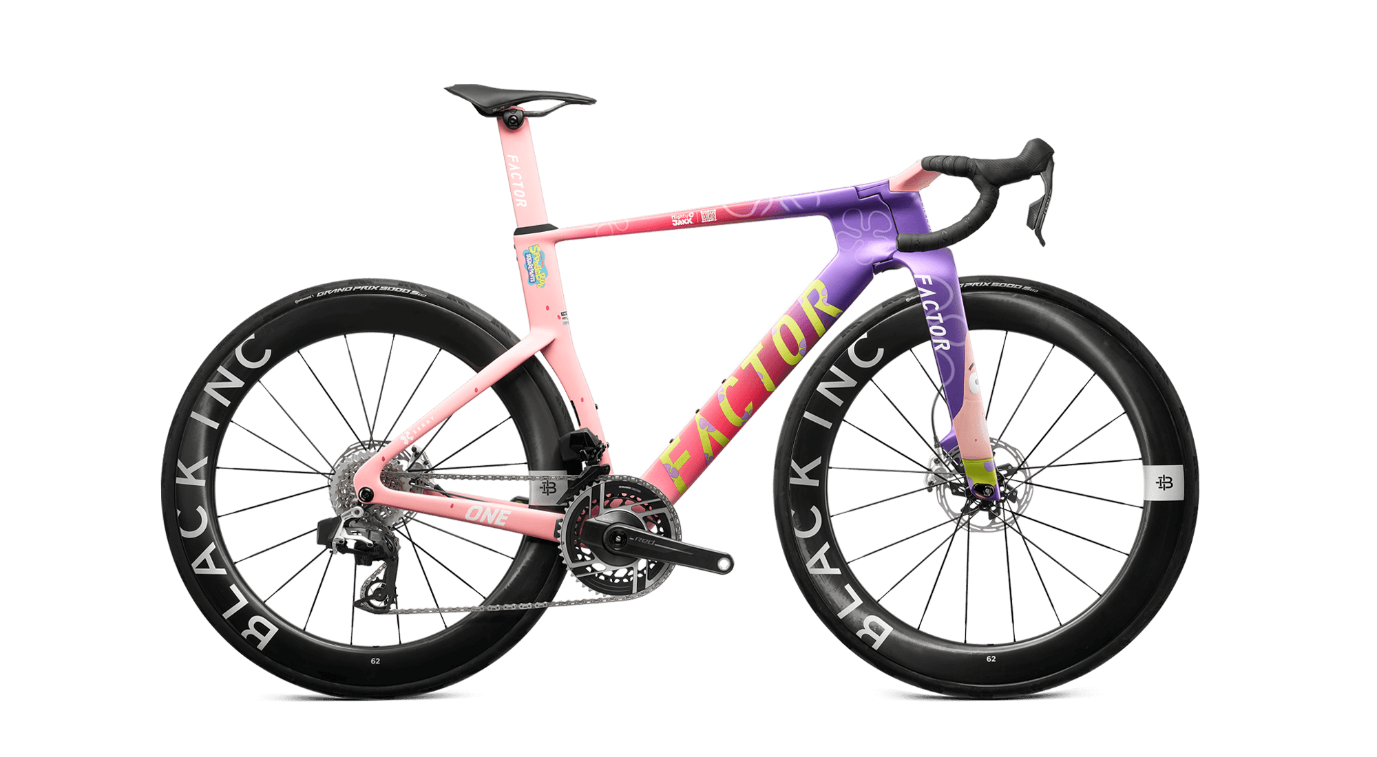 Drivetrain side view of the Factor ONE Patrick Star Edition equipped with SRAM Red and Black Inc 62 wheels.
