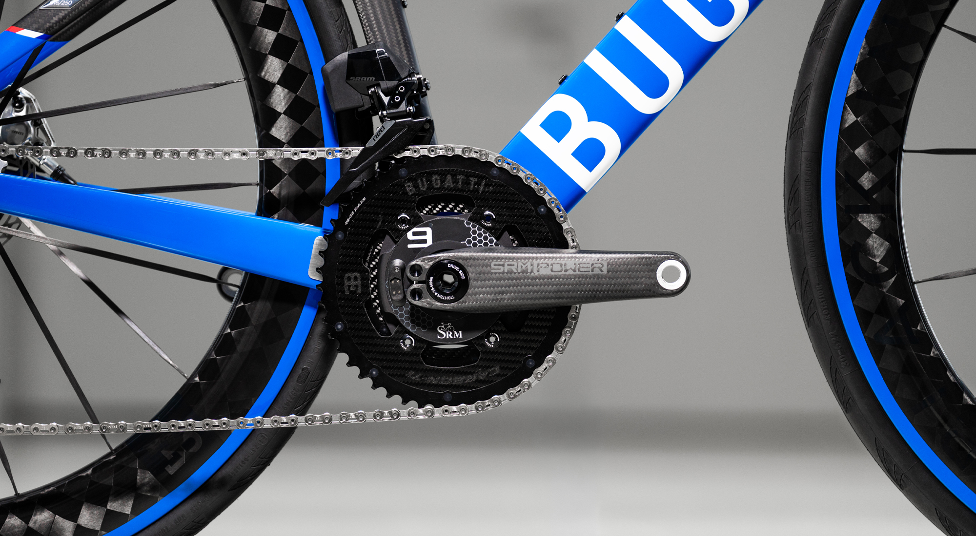 Medium close-up view of the THM carbon crank with an SRM powermeter.