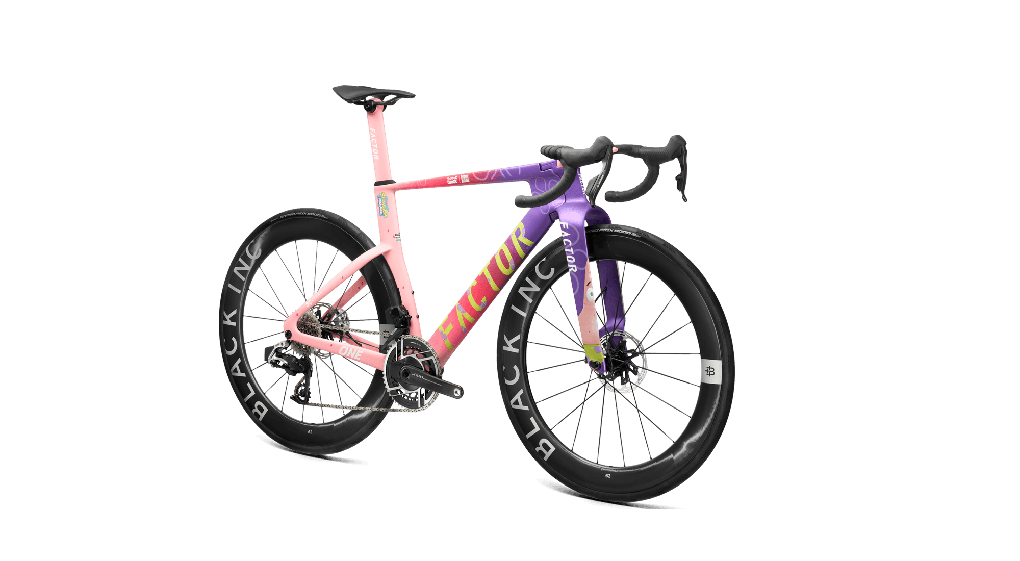 Obliquely angled drivetrain side view of the Factor ONE Patrick Star Edition equipped with SRAM Red and Black Inc 62 wheels.

