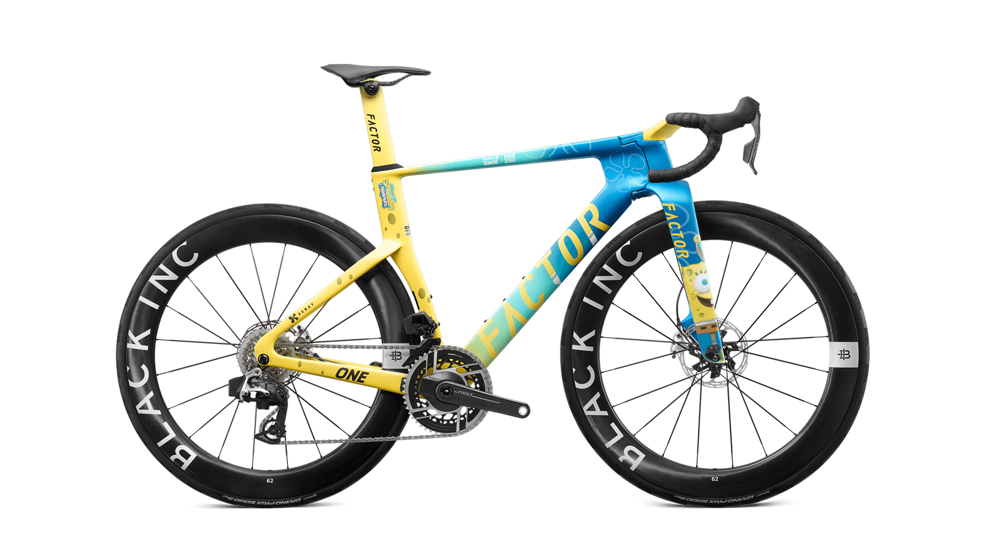 Drivetrain side view of the Factor ONE SpongeBob Edition equipped with SRAM Red and Black Inc 62 wheels.