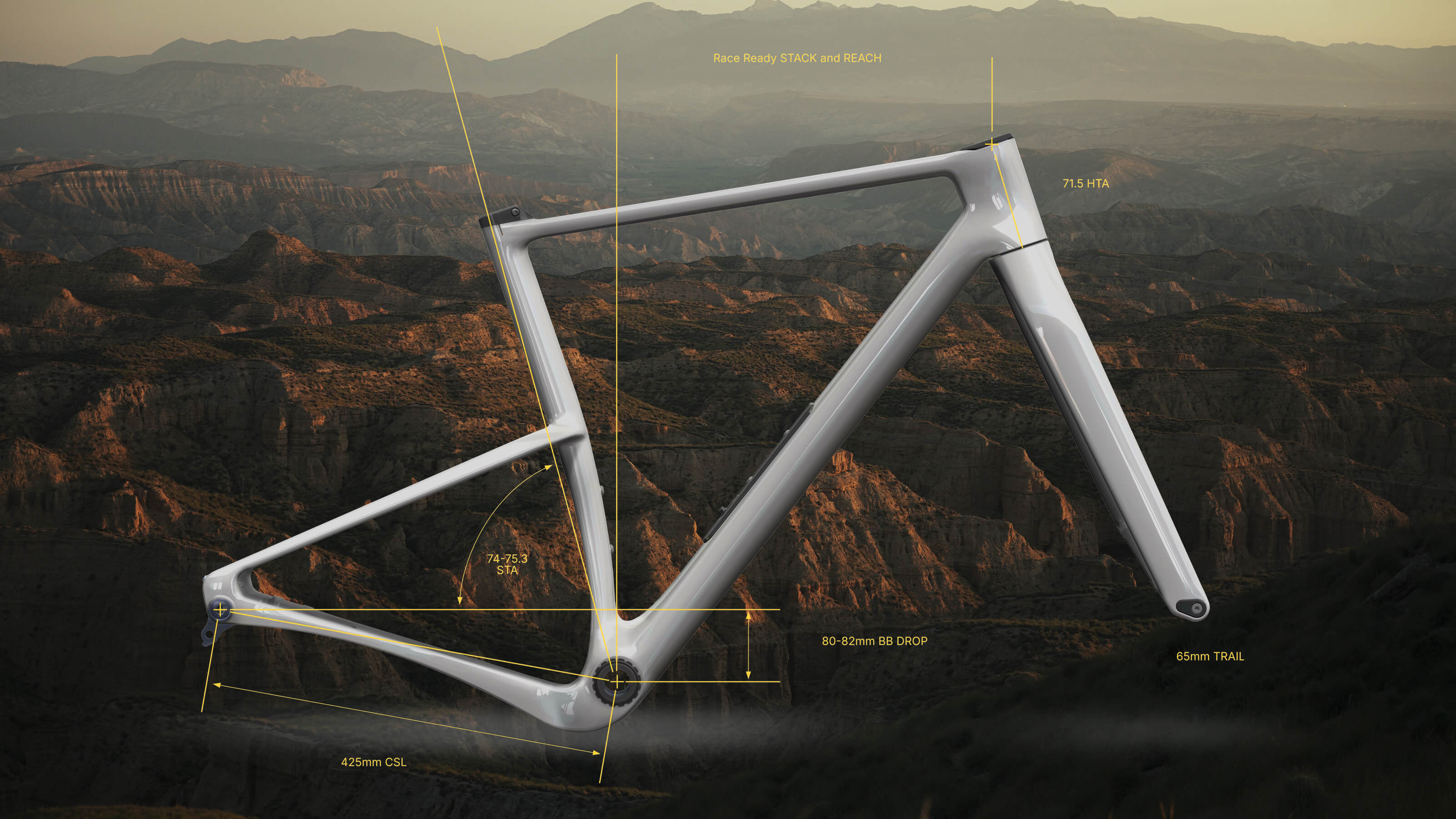 Glossy grey SARANA frame with geometry markings superimposed on a dramatic, desolate landscape with ancient volcanic peaks.
 
