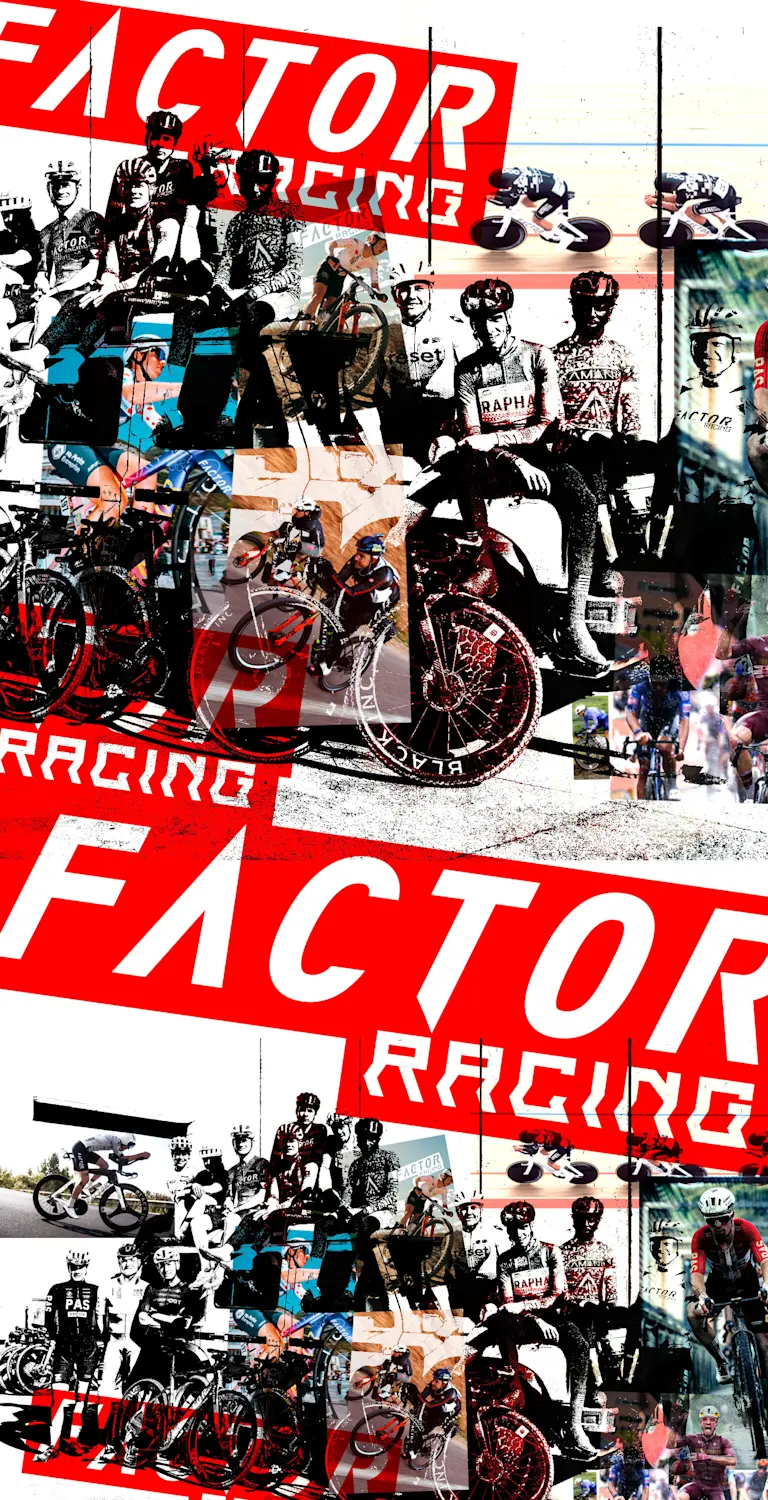 Collage of Factor Racing Athletes testing bikes in races