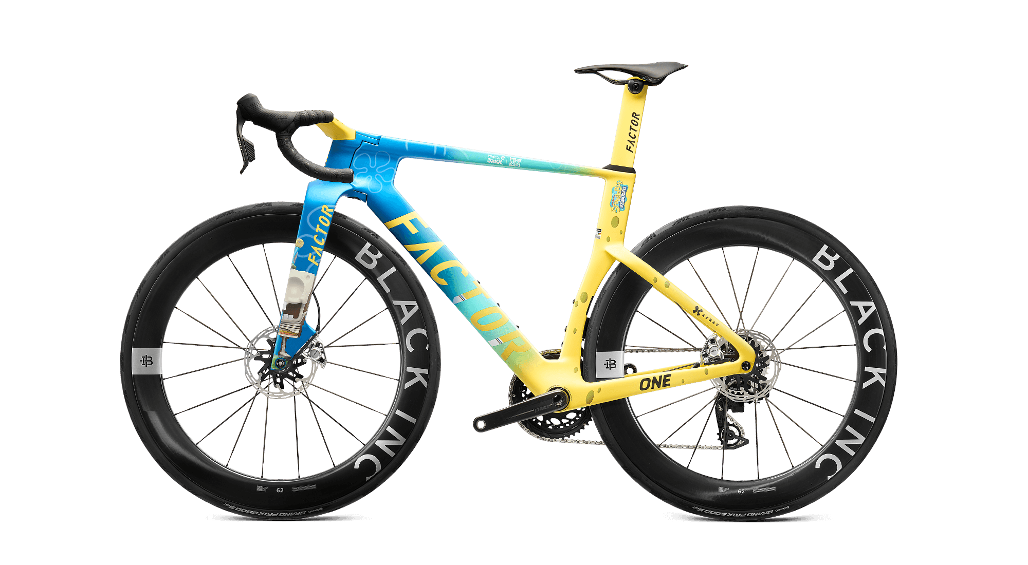 Non-drivetrain side view of the Factor ONE SpongeBob Edition equipped with SRAM Red and Black Inc 62 wheels.